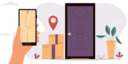 The concept of fast, free home delivery. Hand holding a smartphone with an open map. Online delivery service. Isolated vector illustrationのイラスト素材
