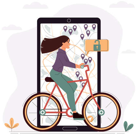 Young woman rides a rented bike around the city. Vector illustration for mobile application for rent and search of bicycles. Bike sharing, rental eco transport.のイラスト素材