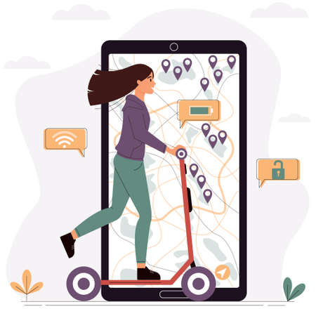 Girl rides an electric scooter. Urban electric transport. Rent eco transport. Rental service concept. Vector illustrationのイラスト素材