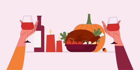 Happy Thanksgiving.Vector cartoon illustration of Thanksgiving Day.Autumn dinner roast turkey, wine, pumpkin, vegetables.Harvest festival.For banners, cards, posters and invitations.Vector design.のイラスト素材