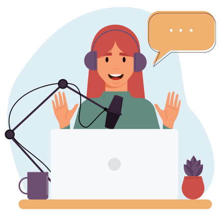 Cartoon smiling woman is recording an audio podcast.Interview, podcast, online show.Concept of Online Podcasting.Vector flat illustrationのイラスト素材