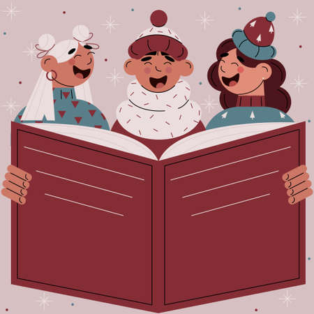Chorus of cartoon vector characters singing a Christmas carol. Caroling man and women.Christmas songs in the evening.Festive flat vector illustration.のイラスト素材