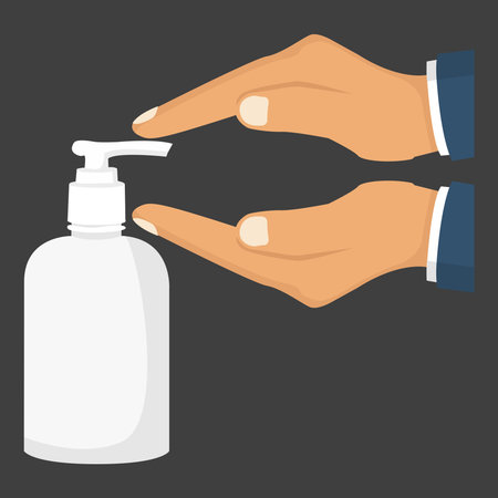 Icon of antiseptic and hands using antiseptic. Coronavir. Virus. Vector illustrationのイラスト素材