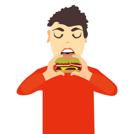Guy eating hamburger vector illustrationのイラスト素材