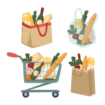 Shopping, paper bag, textile handbag and supermarket cart.のイラスト素材