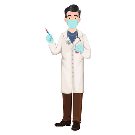 Doctor with syringe and mask on a white background. Coronavirus.のイラスト素材