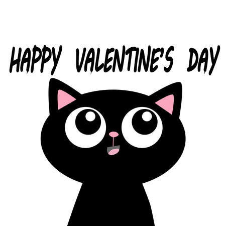 Black cat icon with Happy Valentine's Day inscription on a backgroundのイラスト素材