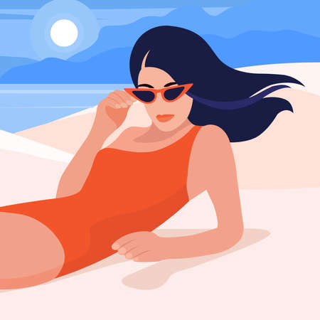 picture of a girl lying on the beachのイラスト素材