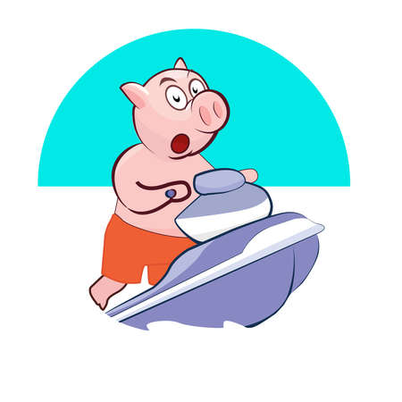 Piggy on a water bike jumping over the waves of the seaのイラスト素材