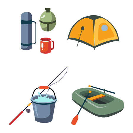 Set of camping items on a white background. Tent, fishing rod, thermo, boat.のイラスト素材