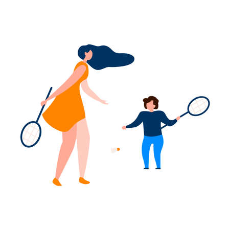 Mom with baby playing badminton on a white background.のイラスト素材