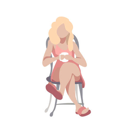 Girl with a mug sits on a chair on a white background.のイラスト素材