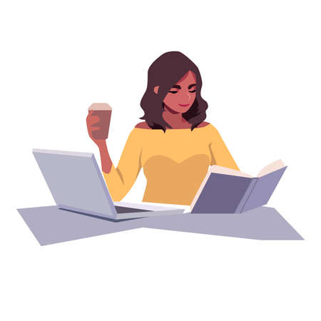 Girl working at home on a white background.のイラスト素材