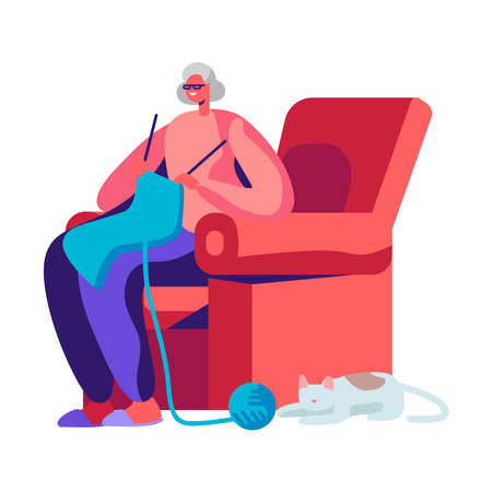 Grandmother sits with threads on a white background.のイラスト素材