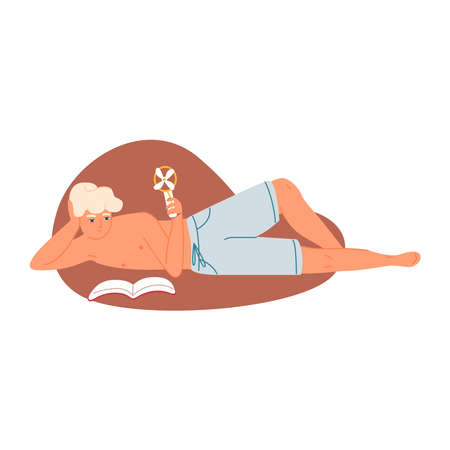 man lying on the bed on a white backgroundのイラスト素材