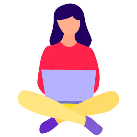 The girl works at the computer at home on a white background.のイラスト素材