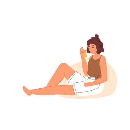 Picture of a girl sitting on a pillow on a white background.のイラスト素材