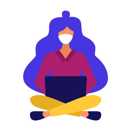 Picture of a girl working at home at the computer on a white background.のイラスト素材