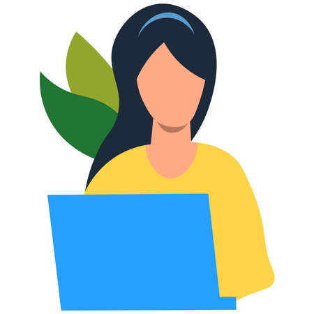 Picture of a girl working at home at the computer on a white background.のイラスト素材