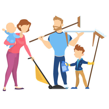 Picture of a family cleaning at home. Cleaning, cleanliness in the apartment, house.のイラスト素材