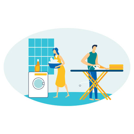 Picture of a family cleaning at home. Cleaning, cleanliness in the apartment, house.のイラスト素材