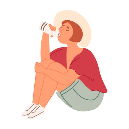 Picture of a girl pouring water from a bottle on a white background.のイラスト素材