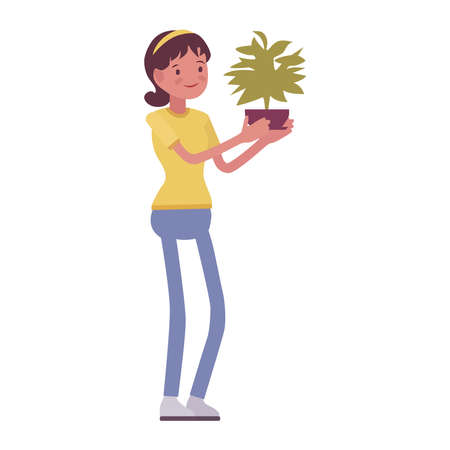 Picture of a girl with a flowerpot on a white background.のイラスト素材