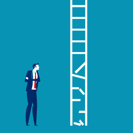 Businessman looks at a broken ladder on a blue background.のイラスト素材