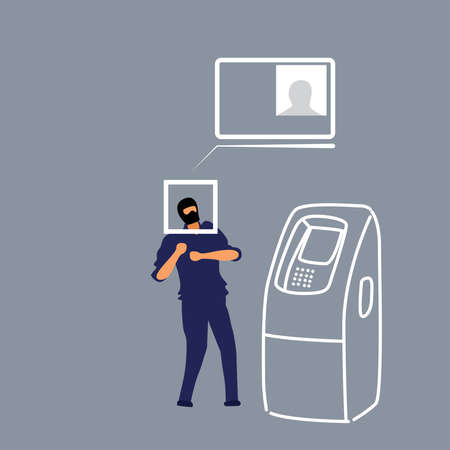 Picture of a criminal in masks trying to break the background of ATM security.のイラスト素材