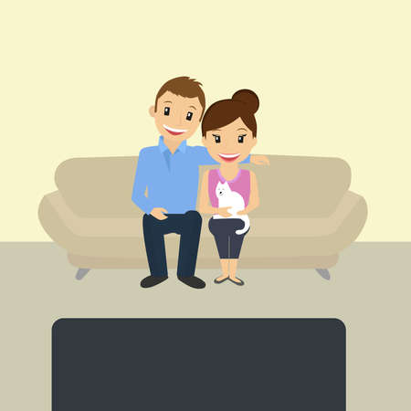 Happy young couple sitting watching tv.のイラスト素材
