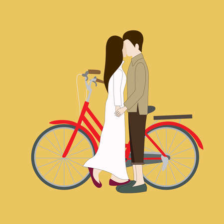 Young couple standing near a bicycle.のイラスト素材
