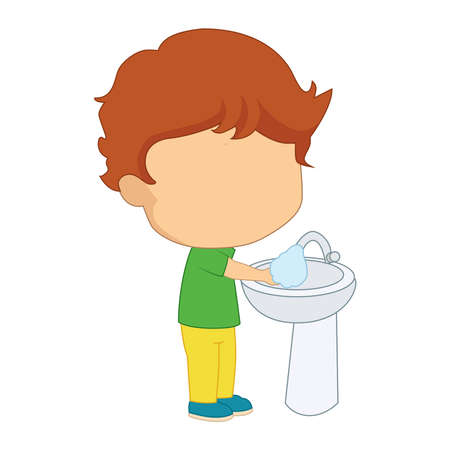The boy washes his hands on a white background. Vector illustrationのイラスト素材