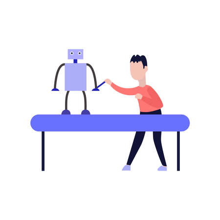 The boy collects a robot on a white backgroundのイラスト素材