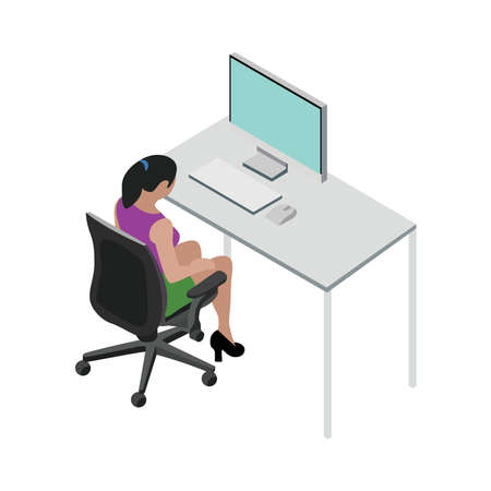Picture of a girl working in the office on a white background.のイラスト素材