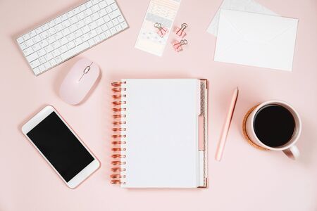 Flat lay office table dask.の写真素材