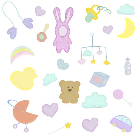 Set of cute delicate stickers on the theme of childrens toys costumes of infancy and careの写真素材