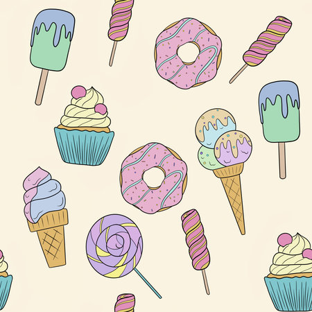 bright beautiful modern seamless pattern with ice cream lollipops donuts and cupcakes for background and wallpaperの写真素材