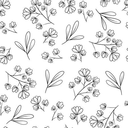 cute graphic seamless pattern for backgrounds and decor with beautiful flowers, leaves and branches lineart coloringの写真素材