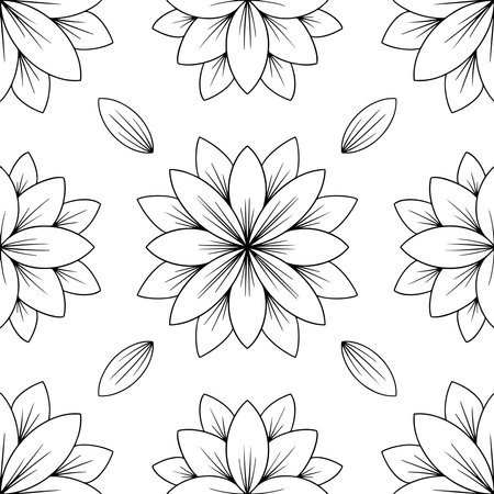 seamless delicate graphic vector pattern with flowers black lines for textile decor backgroundのイラスト素材