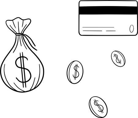 vector symbol icon with a bag of accumulated money scattered coins and bank credit debit plastic cardのイラスト素材