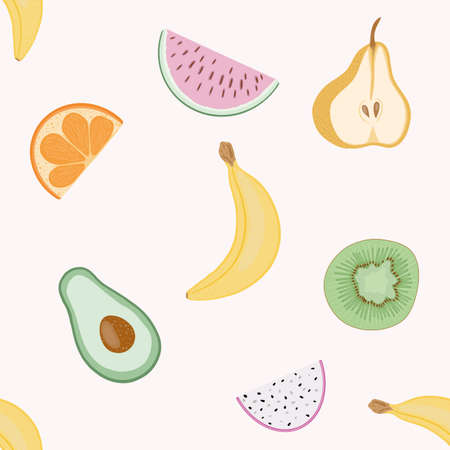 bright seamless pattern with banana pear dragonfruit kiwi avocado watermelon for wallpaper decor summer illustrationの写真素材