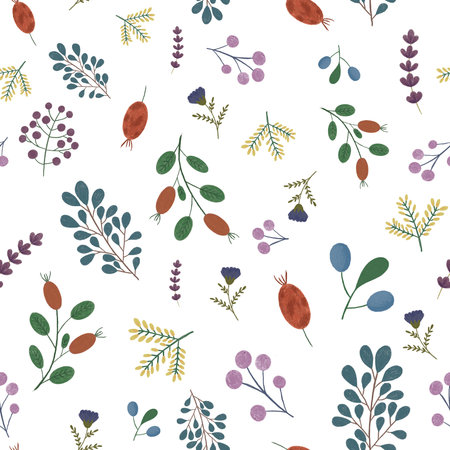 beautiful seamless pattern with wildflowers berries and branches drawn with colored pencils