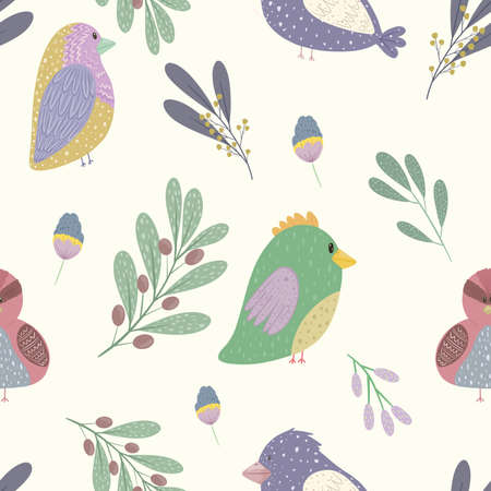 cute seamless pattern childrens cartoon style birds berries twigs flowers for decor textile designの写真素材