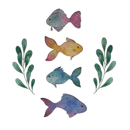 beautiful watercolor set with sea inhabitants fish whale multicolored for decor and designの写真素材