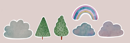 set of cute watercolor stickers with nature elements trees rainbow colored clouds for wallpaper kids decor designの写真素材