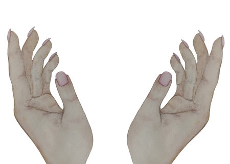 watercolor illustration of human hands with pink nails for design and decor stylish elementの写真素材