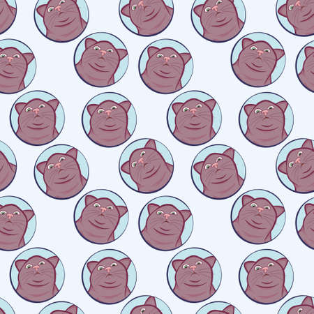 funny cute seamless pattern with purple cats in blue circles for wallpaper designの写真素材