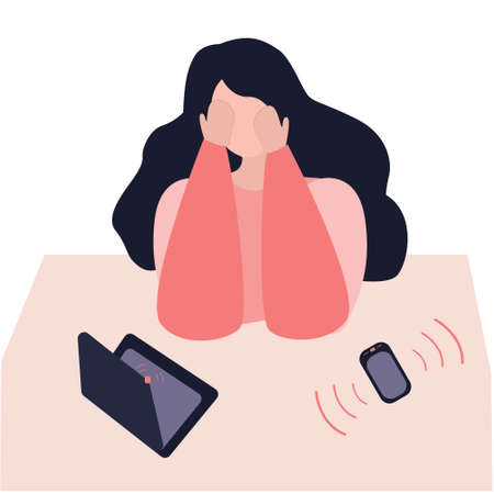 Tired woman working on laptop. Her smartphone is ringing. Stress in the office. Rush work. Professional burnout. Young exhausted female manager.のイラスト素材
