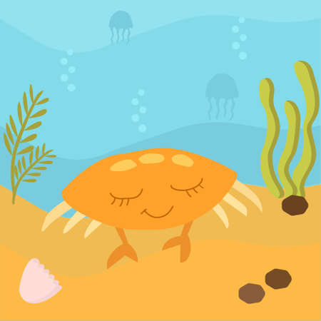 Sea life. Cute orange crab. Underwater world, marine animals. Background is ocean nature - sand and deep blue water with seaweedのイラスト素材