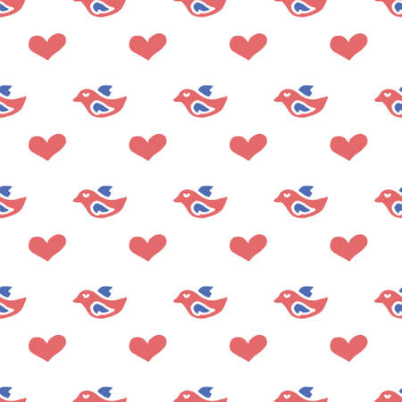 valentine love vector seamless pattern. Freehand love symbol illustrations on white background. Hand drawn letters with hearts and birds doodle style. Valentines day wrapping paper designのイラスト素材